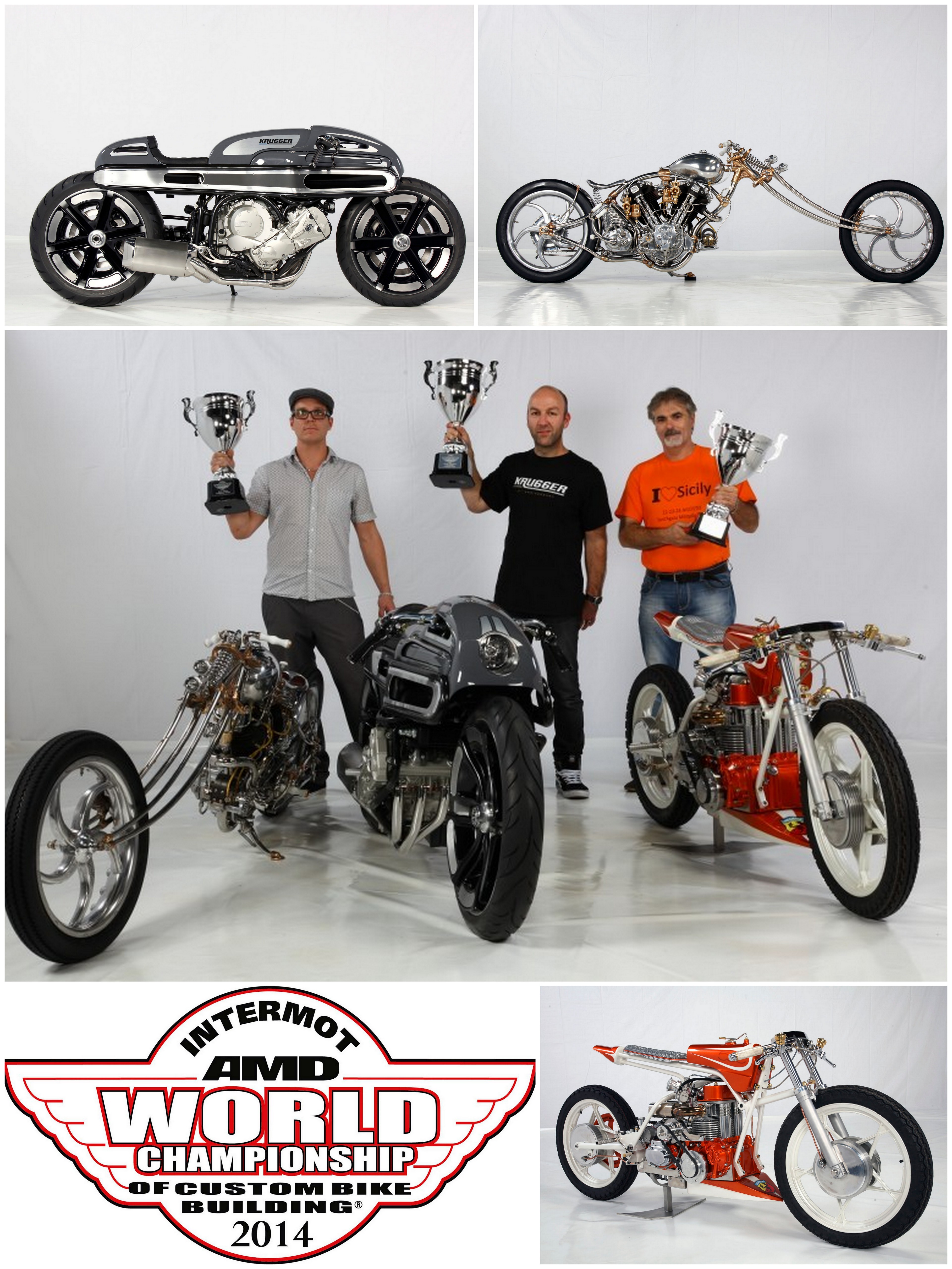 A custom chopper with an intricate, serpentine frame and gleaming chrome details, showcasing the AMD World Championship's rebellious spirit.